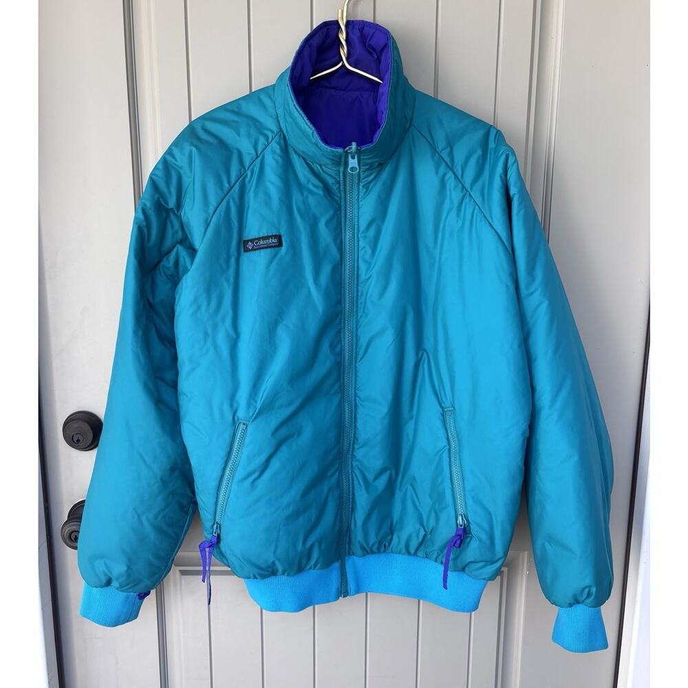 Vintage Columbia Womens Reversible Bomber Jacket Large Blue Purple Full Zip 90s